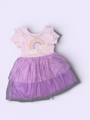 Girls Purple Pink Rainbow Tutu Dress Knee Length Flutter Sleeve Layered Ruffle