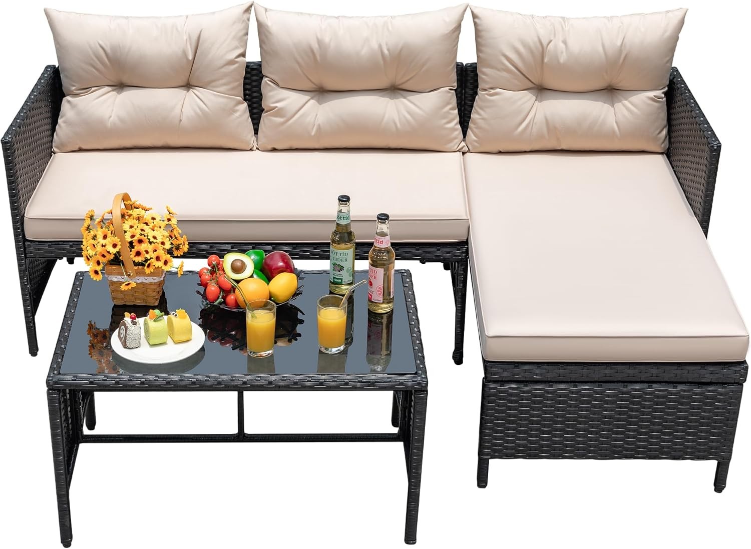 Devoko 3 Piece Rattan Outdoor Sectional Sofa with Glass Table Beige alternate view 5