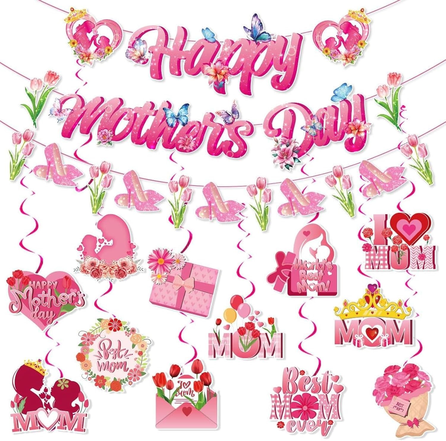 26PCS Mothers Day Decorations Banner Hanging Tulip Happy Mothers Day Suspended