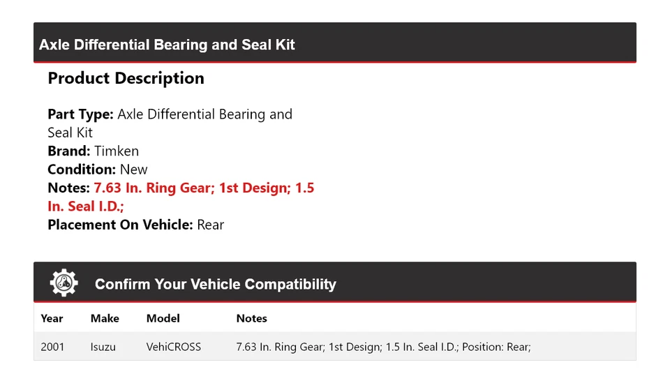For 2001 Isuzu VehiCROSS Axle Differential Bearing and Seal Kit Rear Timken - Image 2 of 3
