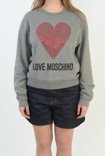 Love Moschino Women's Grey Cotton Heart Rhinestones Sweatshirt Size 44