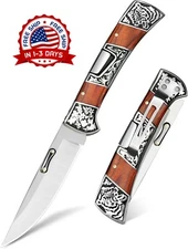 Cuchillo Táctico Plegable Navaja Spear Point de Bolsillo con Mango Madera 3.9"