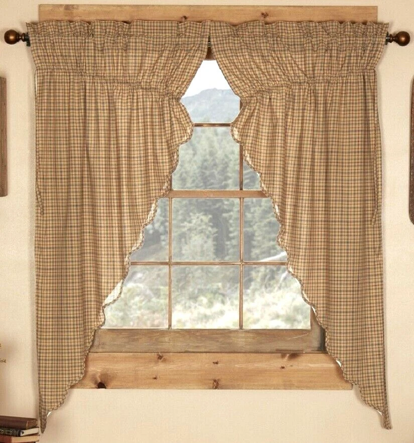 Drawstring Prairie Curtains Khaki Tan & Blue Plaid Cotton Lodge Style Millsboro - Image 2 of 3