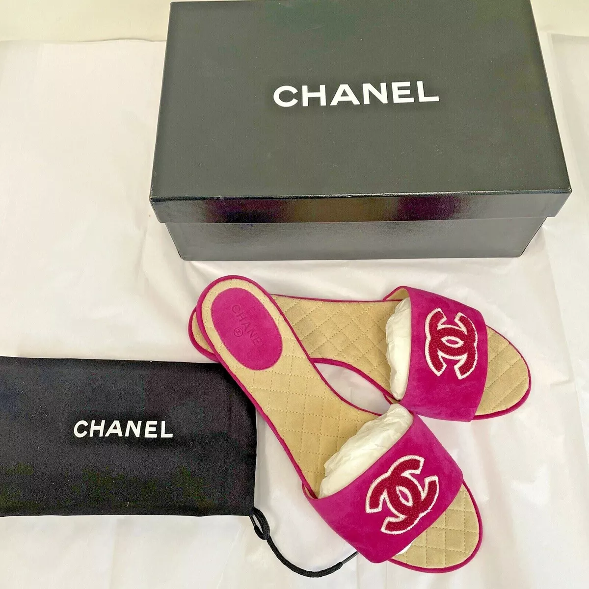 CHANEL CC Logo Suede Rose Pink Mule Slides Sandals Shoes 40.5 New AUTHENTIC!