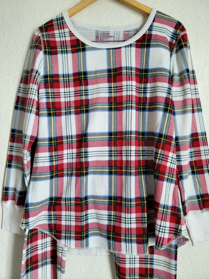 Conjunto de pijama feminino Old Navy tamanho XL vermelho branco xadrez malha de algodão stretch - Imagem 4 de 4