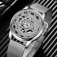 Man And Woman Unisex Elegant Silver Case Skeleton Watch Stainless Steel Mesh...