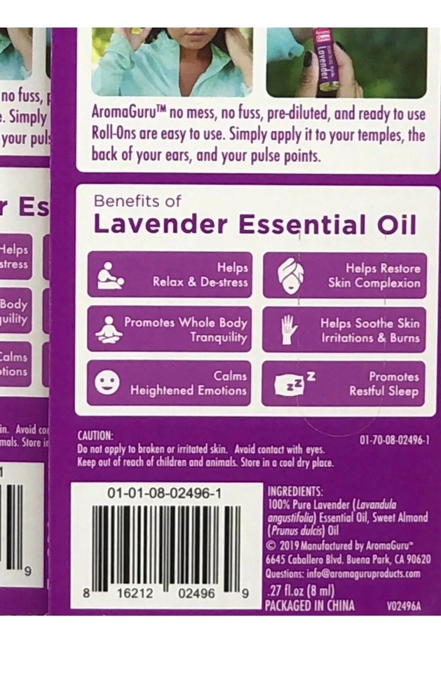 ⚪️2 X ️Roll On Aroma Guru Aromatherapy Natural Essential Oil Lavender