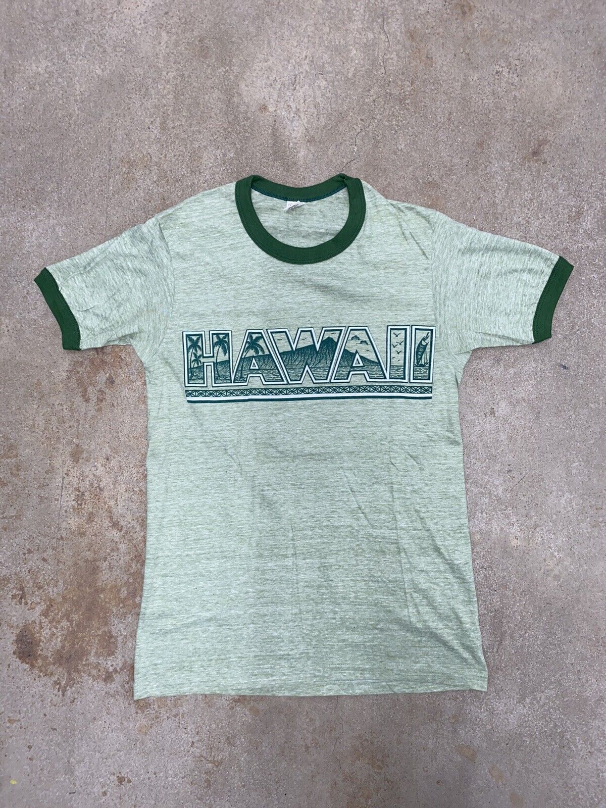 Vintage 70s Hawaii Hanes Green Ringer T Shirt Sur… - image 2