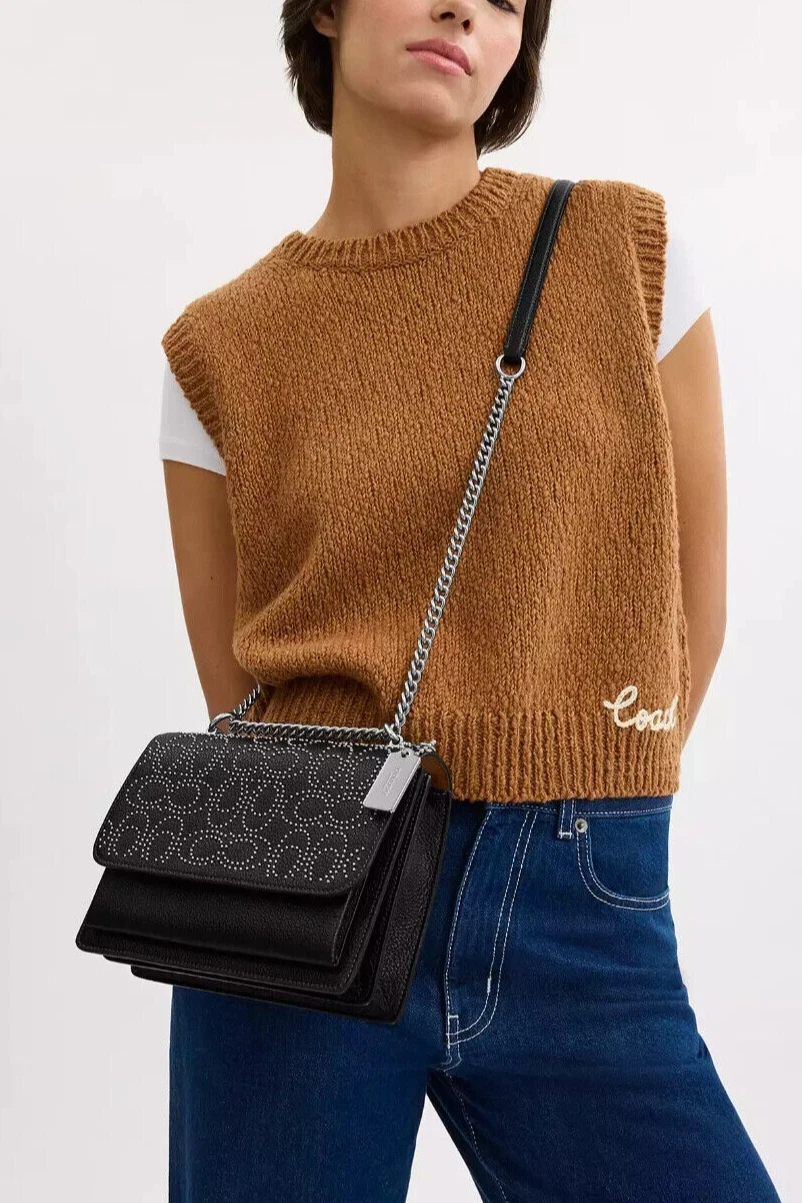 Borsa a tracolla Coach Klare CX260 Sig Rivets Conv nuova con etichette X Body in pelle NERA argento