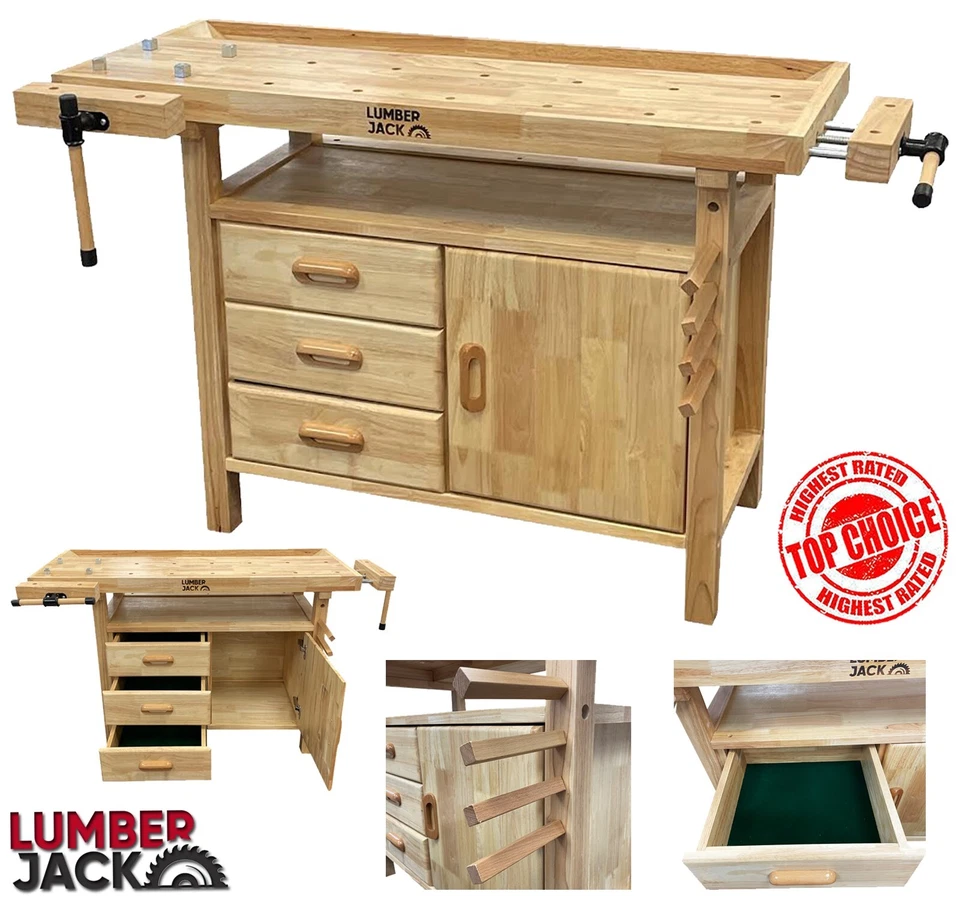 LUMBERJACK Woodworking Workbench Cabinet Dual Vices 3 Drawers Bench Dogs Heavy Duty 113kg