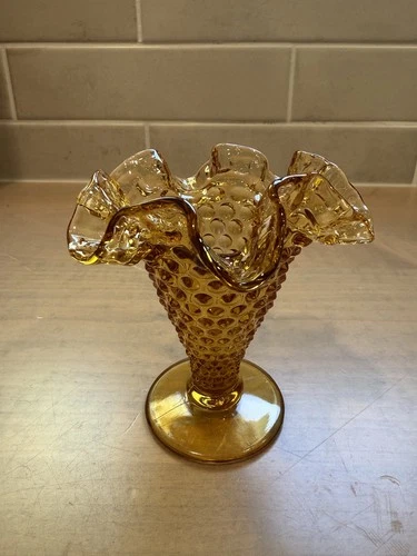 Vintage Fenton Art Glass Colonial Amber Hobnail Ruffle Crimped 4" Vase