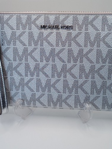 Michael Kors Jet Set Large Top Zip Silver Signature MK Logo Wristlet Clutch NWT - Picture 4 of 4