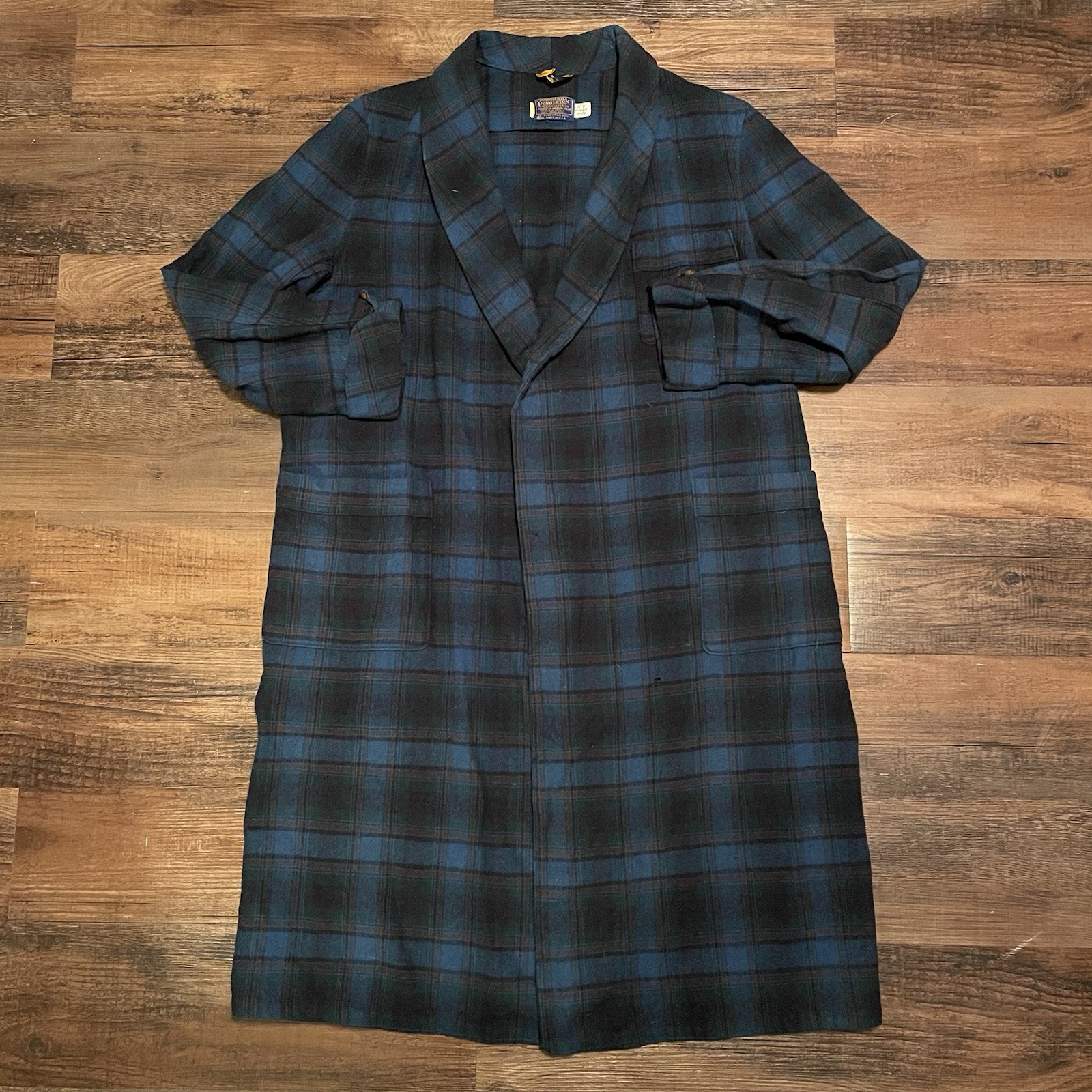 Pendleton Vintage 100% Virgin Wool Robe L Blue Black Plaid U