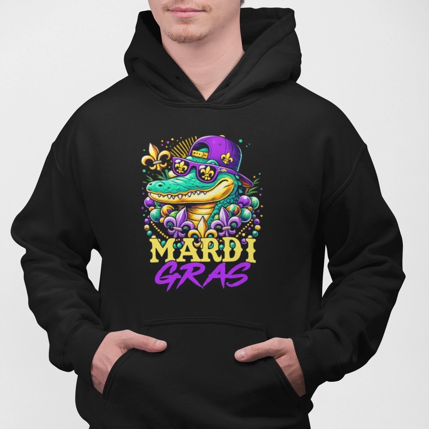 Mardi Gras Alligator Hoodie Funny Carnival Gator Sweatshirt Party Beads Gift