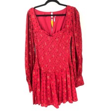 Free People Two Faces Mini Dress Red Floral Smocked Long Sleeve Sweetheart S
