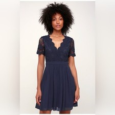 Lulus Angel in Disguise Navy Blue Lace Skater fit n flare Dress size Xs Babydoll