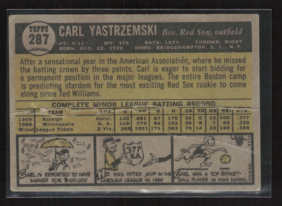 1961 Topps #287 Carl Yastrzemski - VG - Low Grade - Crease - Image 2 of 2