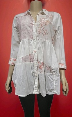 Maeve Mavis Patchwork Button-up Top Size M White Pink 3/4 Sleeves Pockets #C