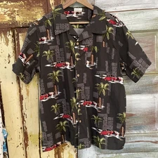 Barefoot In Paradise Shirt Mens Medium Black Cars Beach Camp Hawaiian Tropical
