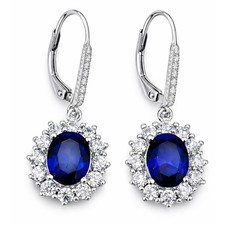 Blue Sapphire Earrings - 18k White Gold Plated Leverback Drop and Dangle Halo...