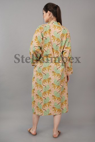 Beautifull Cotton Kimono Elegant Leopard Print Bathrobe Resort Wear Beach Dress - Picture 5 of 6