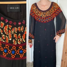 MICHEL KLEIN beaded sequin Viscose DRESS S FR 36 long sleeve Maxi Resort Wear