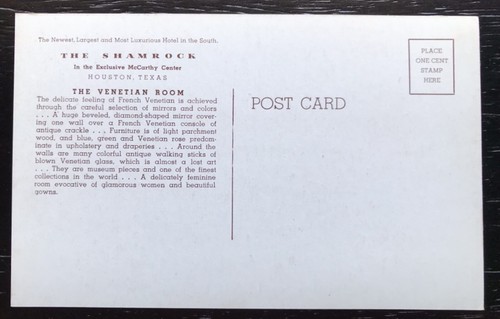 Postcard Texas Houston TX Shamrock Hotel Venetian Room 1940s Unposted Chrome - Picture 2 of 2