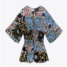 Zara Romper Floral Chiffon Patchwork Boho Kimono Smocked Waist Playsuit Size L