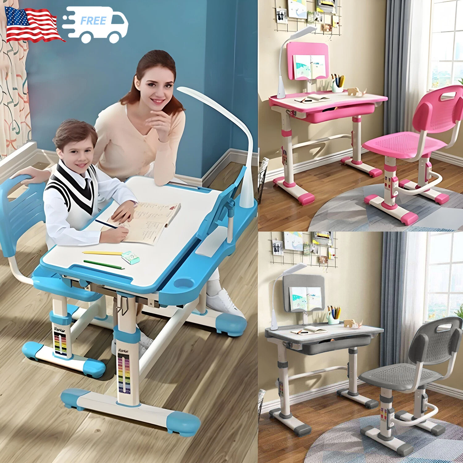 Kids Children Desk and Chair Set Height Adjustable Study Table Blue Pink Grey