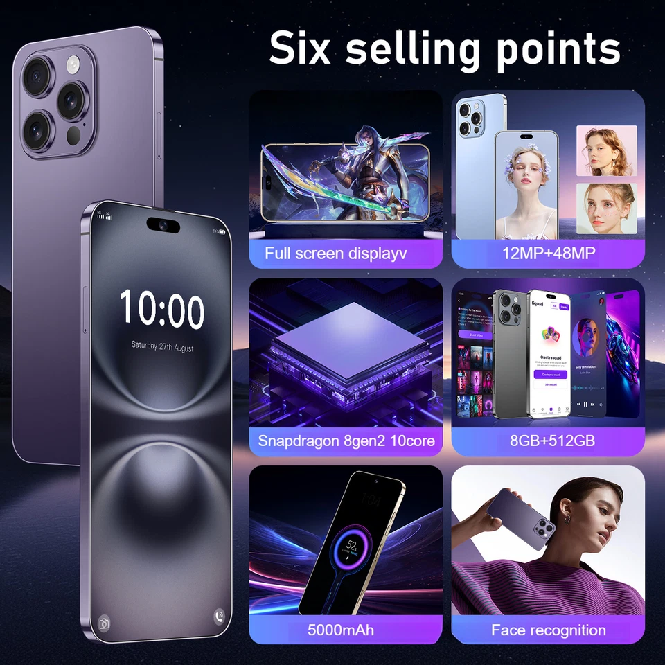 Blue I16 Pro Max 6.8" Android Smartphone Global Unlocked 8+512GB 5000mAh Gifts - Image 2 of 4