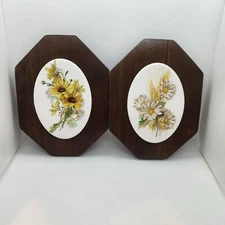 Vintage Trivets Daisy Floral Ceramic On Wood Set of 2