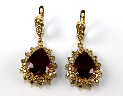 Natural Pear Ruby & Diamond Halo Drop Snap Earrings 14k Yellow Gold 14.33Ct