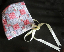 VTG Hand Quilt 9 Patch Baby Bonnet Lined Pink Violet Grosgrain Ties Sz 12-24 Mos