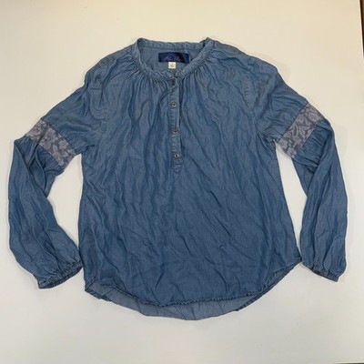 Francesca's Blue Rain Blouse Top Women Small Blue Long Balloon Sleeve 1/4 Button