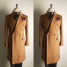 Camel Wool Men Long Overcoat Cashmere Peak Lapel Double Breasted Warm Long Coat