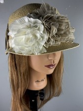 D Y Cottagecore Vintage Straw Sun Hat Tulle Flowers Derby Cloche Garden Party
