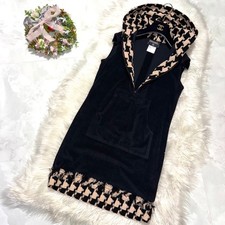 CHANEL Houndstooth Pile Hooded Sleeveless Dress Black Beige US 10