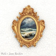 Stormy Seas and Dark Clouds 2, Mini Art Print in Gold Vintage Style Ornate Frame