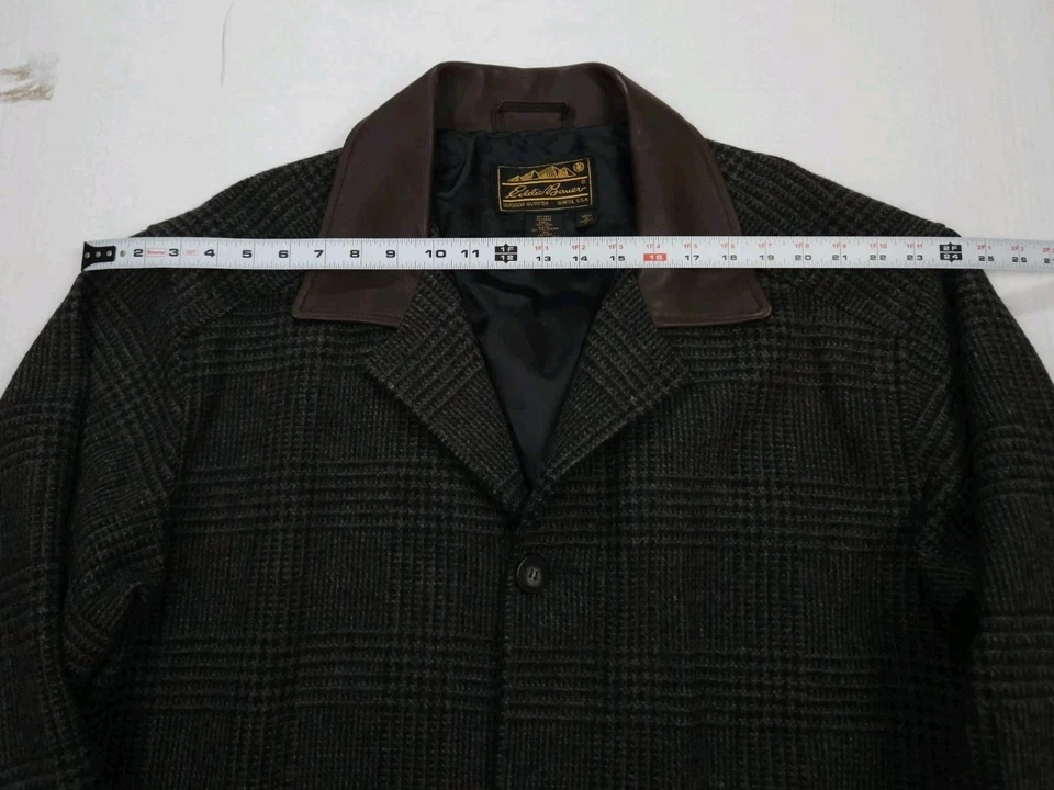 Vintage Eddie Bauer Wool Overcoat Men's Medium Plaid Leather Collar USA Made - Image 3 of 4