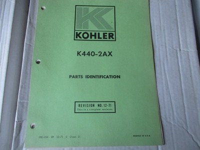 Original Kohler 2 Cycle K440-2AX Parts Catalog ID Folder / Manual Dated 1971