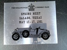 Rolls-Royce Owners' Club Commemorative Plaque Vintage Metal 1981 Salado TX