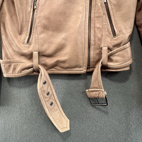 Mango Jacket Size M Womens Genuine Leather Biker Beige Soft Zip Detail - Picture 3 of 13