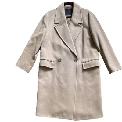 Massimo Dutti Women's Beige Double-Breasted Long Overcoat, Lined, Button