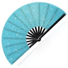 Ripeng 13'' Large Folding Fan for Line Dancing Glitter Rave Hand Boots Sky Blue