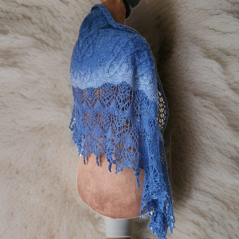 Cachecol triangular com miçangas renda azul malha grossa boêmio envoltório multifuncional - Imagem 2 de 4