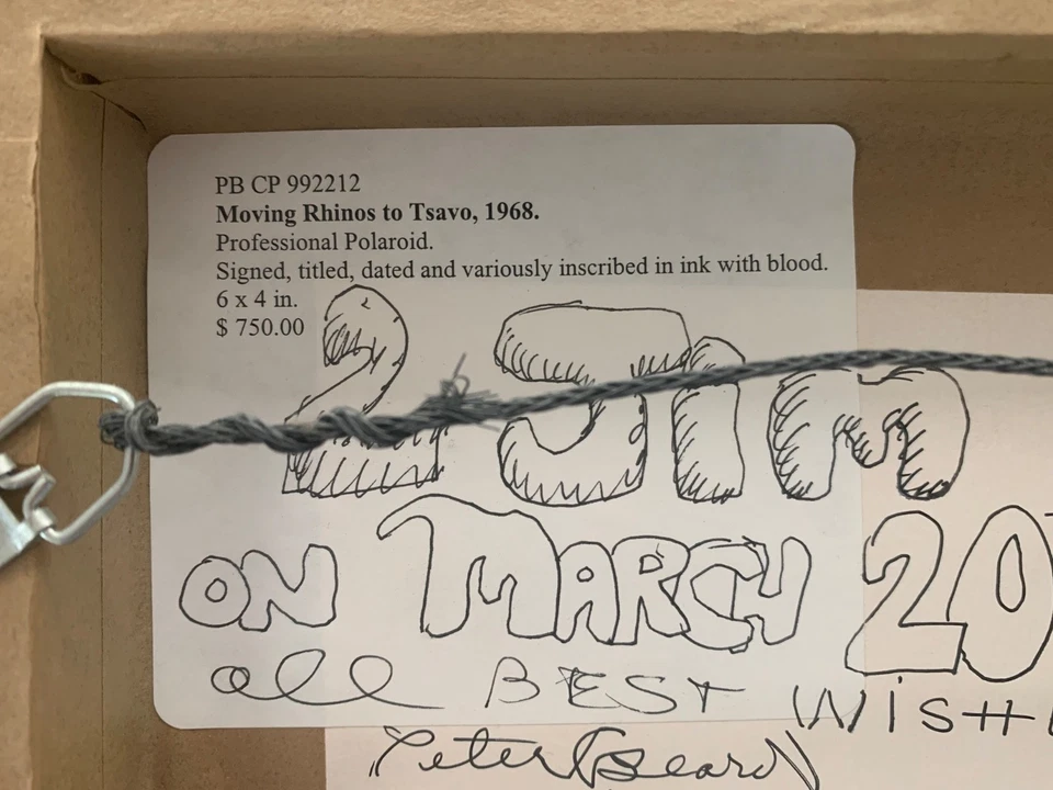 Fotografía polaroid firmada original de Peter Beard rinocerontes en movimiento Tsavo África 1968 Foto 2 de 4