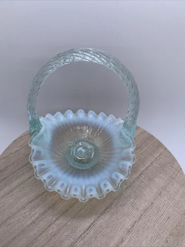 FENTON GLASS Basket Opalescent Green Blue Aqua Miniature 4.5” Ruffled Fruit