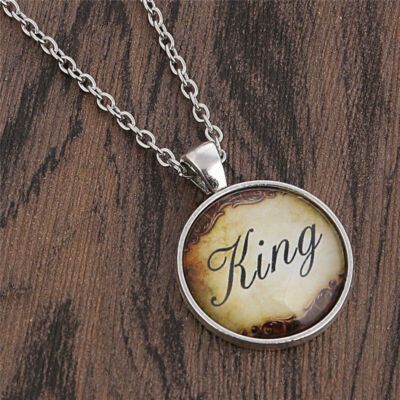KING QUEEN charm pendant 22'' Sterling Silver necklace gold gift box women men