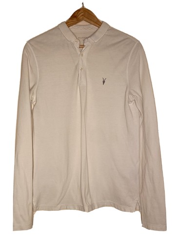 All Saints Poloshirt weiß Langarm Oberteil gesticktes Logo Gr. S