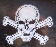 SKULL CROSSBONES NYLON STICKER / DECAL PEEL STICK 5" X 4 "
